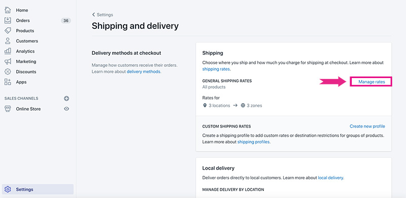 Manage Rates button in Shopify Shipping and Delivery settings